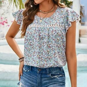 Heart Soul Floral Lace Trim Blouse - Light Blue